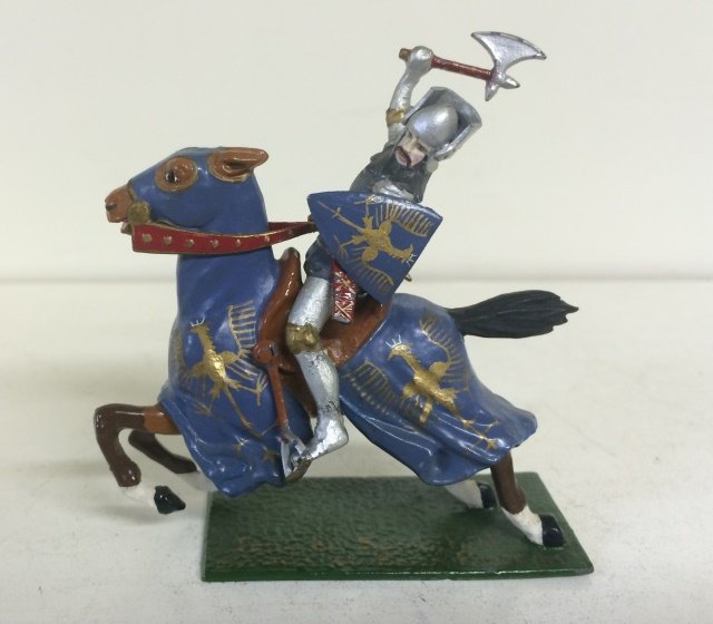 Courtenay- H4 Mounted Knight: John de Samesfield Esquire of Black Prince with moveable shield. Signed on base 'Made in England by R Courtenay H4.' Post War. 1 Piece. Condition Excellent; bottom half of scabbard detached but presen
