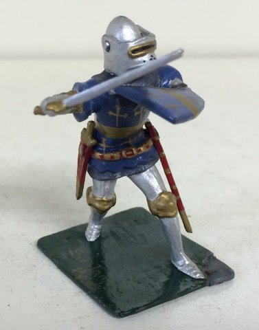 Courtenay- Sir James Pype #14: With moveable visor. Signed on base 'Made in England by R Courtenay No 14.' 1 Piece. Post War. Condition Very Good; nice details, however corner of base and shield arm have been reattached with glue r