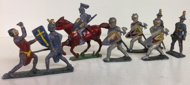 Courtenay and Doran- Knights: Composed of 3 battle knights with axes, 2 spearmen one of which is missing top of spear and the other entire arm, mounted knight with lance and rare duplex figure of which one figure is missing ax. 7 