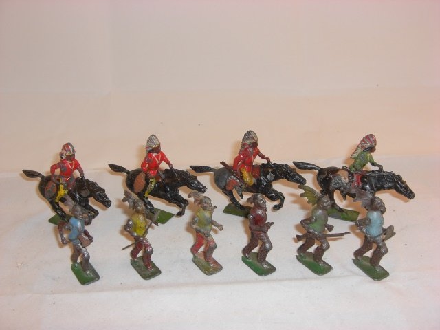 Indians- Britains & Japanese: Indians; 4 Britains mtd & 6 others with 2 moveable arms each- unknown mfg; 2 broken weapons; condition good; 10 pieces.