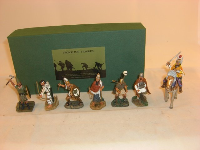 Frontline Ancient Warriors: Frontline ancient warriors; boxed set of six- Hittite, Syrian Archer, Sarmatian, Carthaginian, Babylonian, Hunnish; mtd Samurai; condition pristine; 8 pieces (w/ horse).