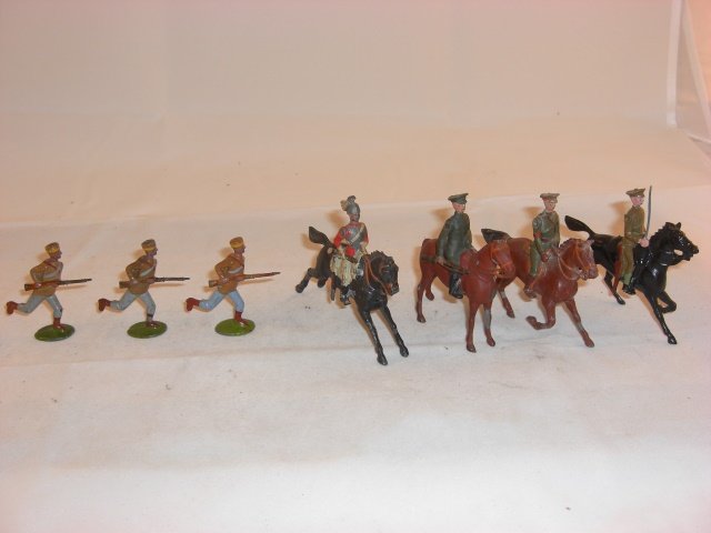 Britains Various: Britains various; 3 Serbians from set #173 running & 4 misc. mtd; condition excellent; 7 pieces; Serbs pre-war, others pre & post war.