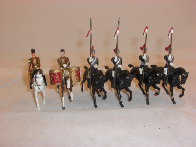 Britains from #2065 Musical Ride: Britains from #2065 Musical Ride; 2 Royal Horse Guards’ lance tips broken off; condition excellent; 6 pieces; post war.