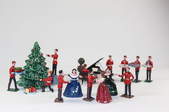 Cabderfiegh/Marlborough Christmas Dance: Waiters, Decorators, Gifts, Sgt. Majors, Ceramic Christmas Tree, Piano and Player, Potter Christmas Plant Marlborough#MF18A Victorian Military Ball With Box 18 Pieces.