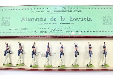 Wm Britains Uruguayan Military School Cadets: #221 Pre War Box Very Good split in apron 8 Pieces.