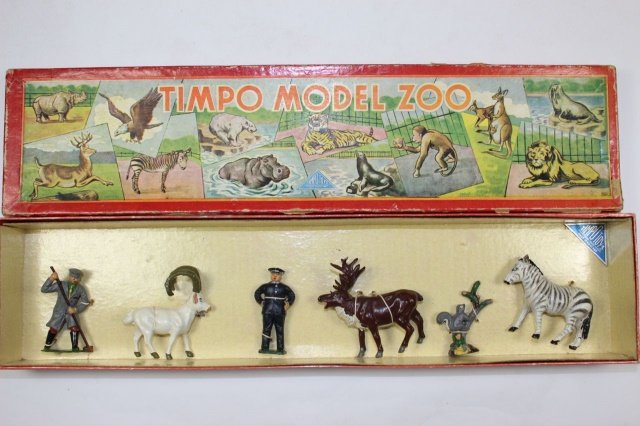 Timpo Model Zoo Series: #401 Animals and Keepers Excellent Original Tied In Box 6 Pieces.