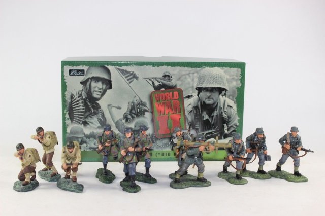 Wm Britains WWII: #17491 #17458 #17252 #17495 German Bazooka Anti Tank Team German Paratroopers U.S. 1st Division (Big Red One) German Armor Support Team Excellent Condition With Box 10 Pieces.
