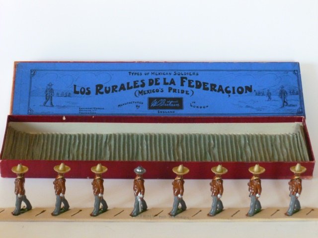 Britains Set #186 Los Rurales De La Federacion: Mexico’s Pride. Pre-War. 8 pieces in retaining card. In original Whisstock box. Condition Excellent. Box very good (writing on one end of label)