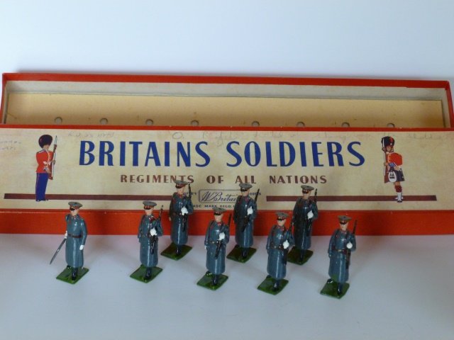 Britains Set #2027 Red Army Guards: Parade Uniform. Post War. 8 pieces untied. Tie card inside original box. Condition excellent. Box very good.