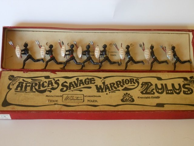 Britains Set #147 Zulus: Africa’s Savage Warriors. 8 Pieces with original Box. Untied Condition Very Good. Box good.