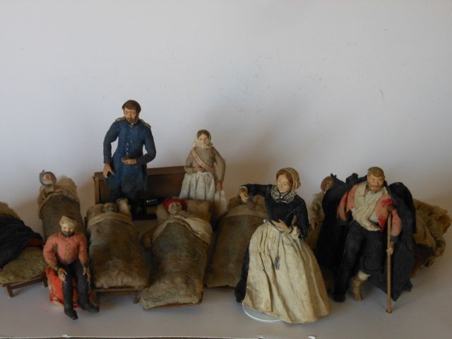 Maker Unknown VERY RARE Florence Nightingale: Crimean War Era. Doll-like figurines, including beds, doctors, nurses, and wounded soldiers. 15 Pieces. Late 1800s vintage. Condition Good for age.