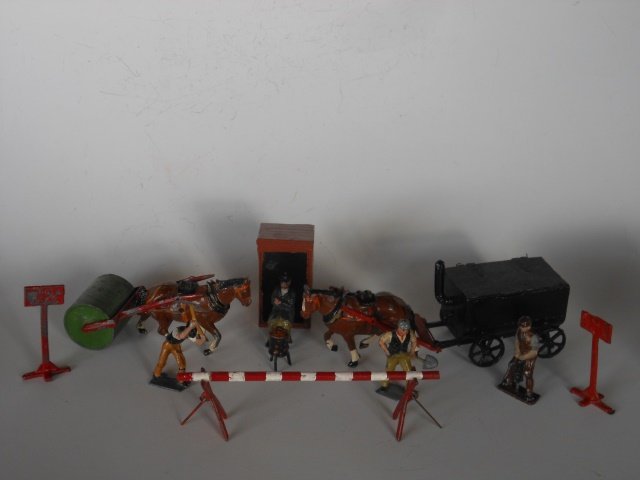 Charbens Road Menders Set: Pre War RARE Tar Wagon, Horse Drawn Roller, workmen, Night Watchman and Hut; and equipment. 14 Pieces. Unboxed. Condition Very Good.