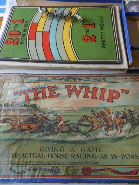 Chad Valley Racing Game: Entitled ‘The Whip’. 7 pieces. Pre-War. Using Miniature Britains Horses.