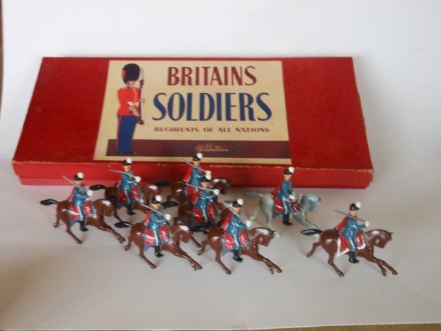 Britains from Set #2018 Danish Hussars: 8 pieces in original R.O.A.N. box. No tie card. Post War. Condition very good. Box very good.