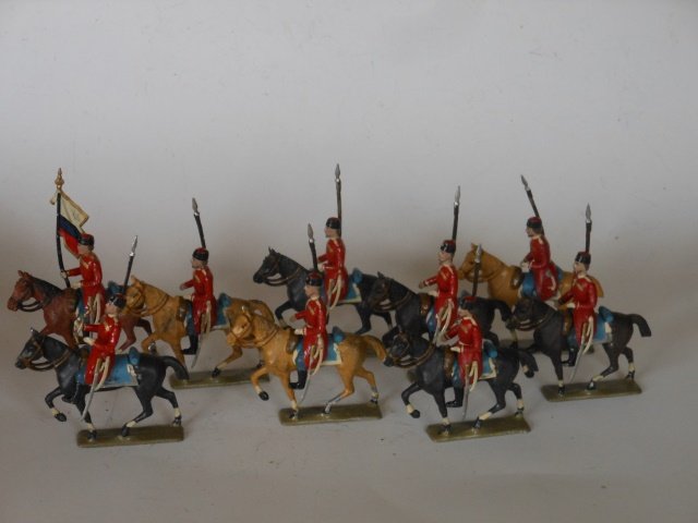 Mignot Russian Cossacks, Red Cloaks: 9 pieces. Post War. Unboxed. Condition very good.