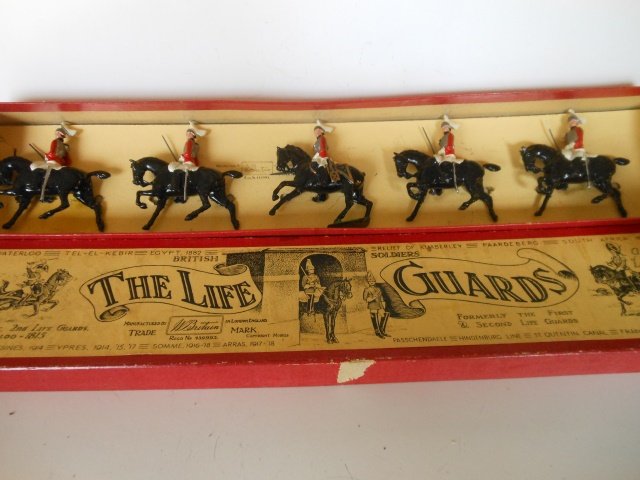 Britains Set #1 The Life Guards: 5 pieces in original R.O.A.N. box. Post War. Condition very good, (officer’s horses tail missing). Box very good.
