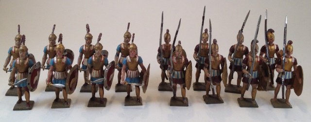 Mignot Greeks: 16 pieces. Condition Very Good to Excellent; bent weapons and 2 replaced.