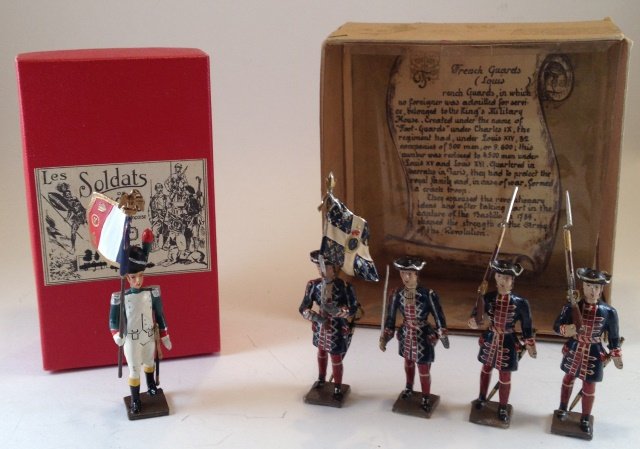 Mignot French Guards & Flagbearer: 5 pieces. Condition Very Good to Excellent. Boxes Very Good. Post War.