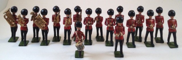 Britains Coldstream Guards Band From Set #37: 18 pieces. Condition Very Good. No Box; broken drumstick. Post War.