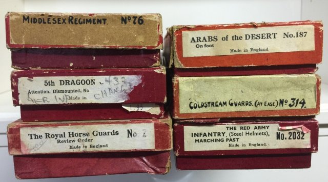 Britains Arabs of the Desert #187 & Various Boxes: Includes 5 Empty Boxes; Coldstream Guards (At Ease) Set #314, The Red Army Infantry Marching Past (Steel Helmets) Set #2032, Middlesex Regiment Set #76, 5th Dragoon, and The Royal Horse Guards Review 
