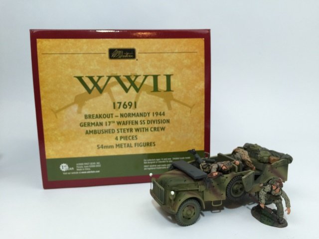 W Britain German 17th Division Set #17691: World War II Breakout in Normandy Collection 1944. German 17th Waffen SS Division Ambushed Steyr with Crew. With original box and 54mm Metal Figures. 5 pieces. Condition Excellent.