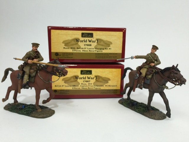 W Britain British Lancer Sets #17667 & #17668: World War I. Set #17667 Mons 1914 - British 9th Lancer Officer, Captain Francis Grenfell, VC Recipient. Set #17668 Mons 1914 - British 9th Lancer Charging Set #1. Both Sets with original boxes and 54m