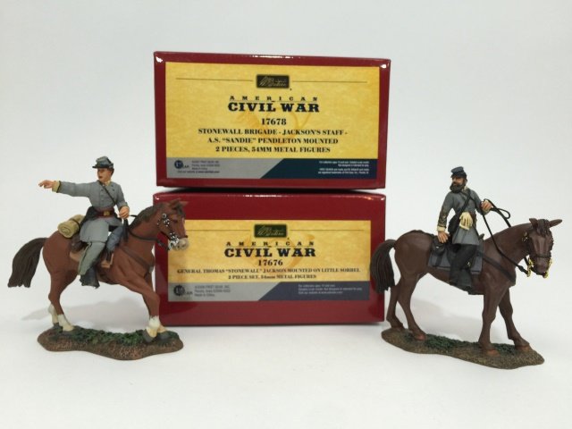 W Britain Jackson Mounted Sets #17676 & #17678: American Civil War. Set #17676 General Thomas 'Stonewall' Jackson Mounted on Little Sorrel. Set #17678 Stonewall Brigade - Jackson's Staff - A. S. 'Sandie' Pendleton Mounted. Both sets with original b