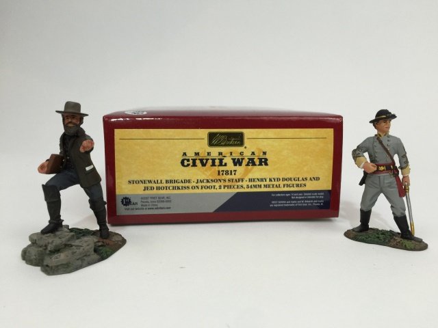W Britain Jackson's Staff on Foot Set #17817: American Civil War. Stonewall Brigade - Jackson's Staff - Henry KYD Douglas and Jed Hotchkiss on Foot. With original box and 54mm Metal Figures. 2 pieces. Condition Excellent.