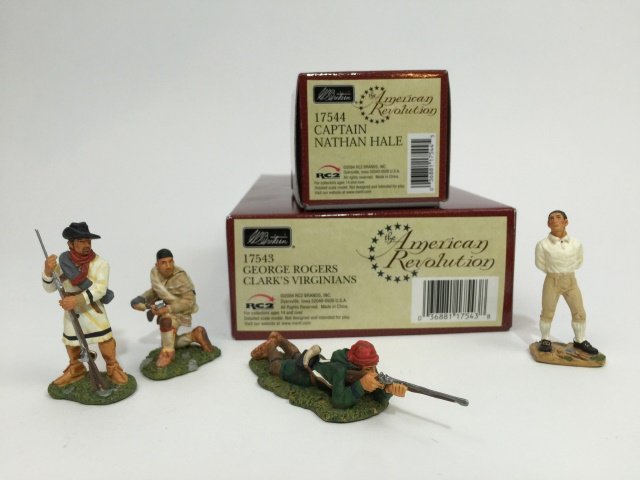 W Britain Revolution Sets #17543 & #17544: The American Revolution. Set #17543 George Rogers Clark's Virginians. Set #17544 Captain Nathan Hale. Both Sets with original boxes. 4 pieces. Condition Excellent.