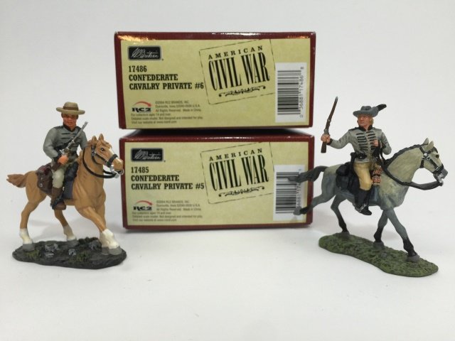 W Britain Confederate Sets #17485 & #17486: American Civil War. Set #17485 Confederate Cavalry Private #5. Set #17486 Confederate Cavalry Private #6. Both sets with original boxes. 2 pieces. Condition Excellent.