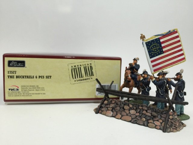 W Britain The Bucktails Set #17577: American Civil War. Limited edition set that was inspired by the artwork of Dale Gallon and was produced for one year only. Includes postcard of 'The Bucktails' painting by Dale Gallon. With original 