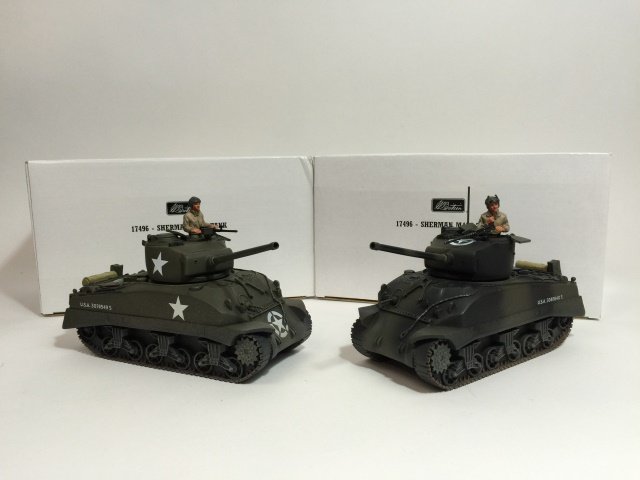 W Britain Sherman M4A1 Tank Set #17496: Includes Set #17496 Sherman M4A1 Tank #17496C and Set #17496 Sherman M4A1 Tank #17496D. Both sets with original boxes. 2 pieces. Condition Excellent; 1 box corner damaged.