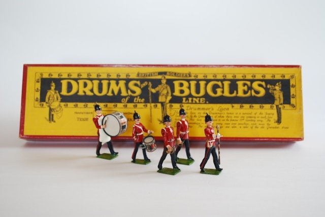 Britains Set #30 Drums and Bugles of the Line: 5 pieces. Post War. In original illustrated yellow labeled box, untied but tie card included. Condition very good. Box good.