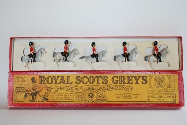 Britains Set #32 Royal Scots Greys: Second Dragoons. 5 mounted pieces. Post War. In Reproduction illustrated box. Figures in card.