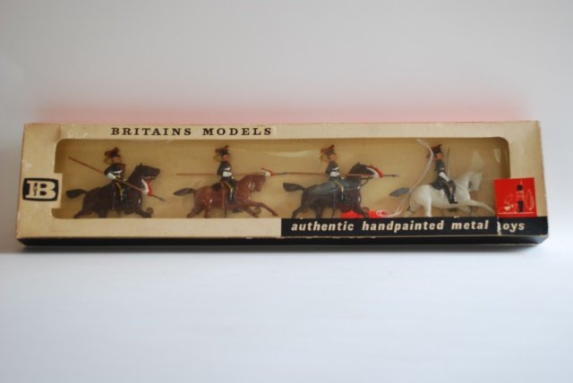 Britains Set #9217 12th Lancers: Post War. 4 pieces tied in original cellophane fronted box. Condition excellent. Box very good.