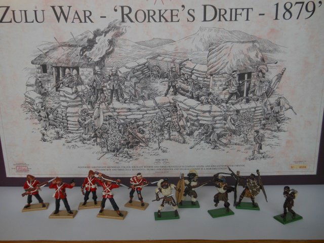 Britains Set #5198 Zulu War: Rorks Drift Diorama. Figures on integral Base. With Illustrated box. Condition mint. A fifty dollar additional charge will be added for mailing this lot.