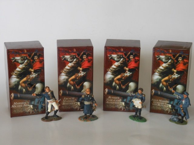 Britains Napoleonic Wars assortment: Sets #17263 Field Marshall Gebhard l Von Blucher; #17360 Field Marshall Berthier; #17262 Marshall Michel Ney; and #17359 Russian Tsar (Czar) Alexander. 4 pieces, with original boxes. Condition mint.