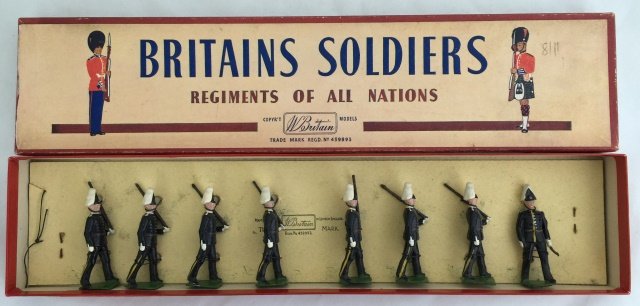 Britains Set #2035 Swedish Life Guards: Post War. Originally tied in R. O. A. N. box. 8 pieces. Condition figures excellent. Condition box excellent.