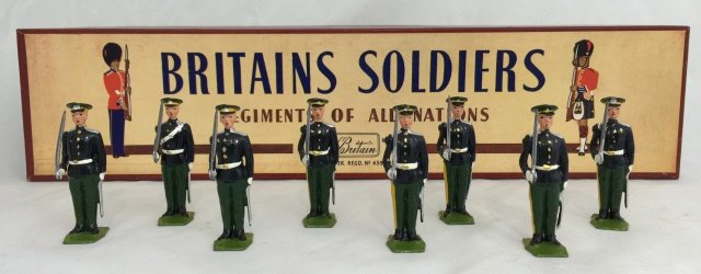 Britains Set #2087 5th Dragoon Guards: Post War. In original R. O. A. N. box. Dismounted #1 service dress. 8 pieces. Condition figures pristine. Condition box pristine.