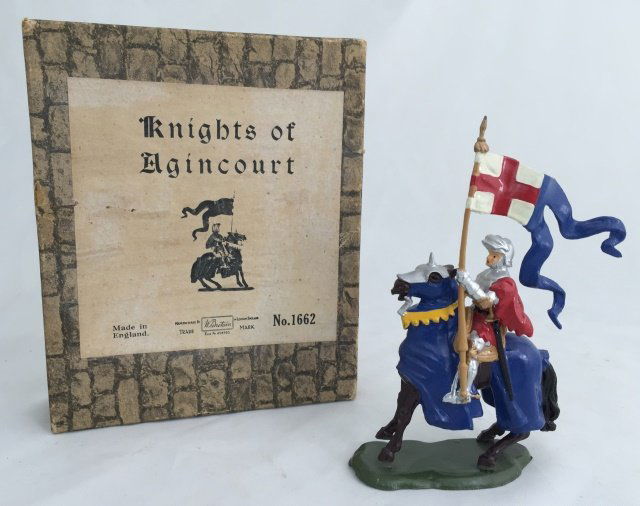 Britains Set #1662 Knight of Agincourt with Banner: Post War in original Stone Work box. 1 piece. Condition figure excellent. Condition box very good.