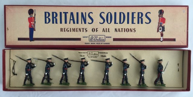 Britains Set #2089 Gloucestershire Regiment: Post War. Originally tied in original R. O. A. N. box. 8 pieces. Condition figures near mint. Condition box pristine.