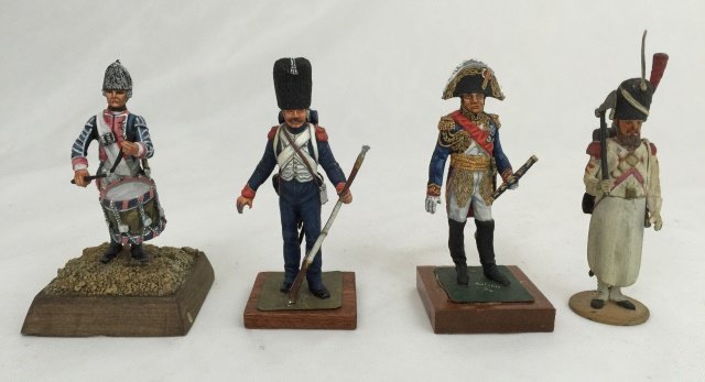 Lebayen Connoisseur Figures: Post War. Chasseur a Pied circa 1815 and Marshall Soulet Lebayen (Spanish). Imre Risley Hessian Fusilier Drummer and Metayer Pioneer. 4 pieces. Condition figures very good.
