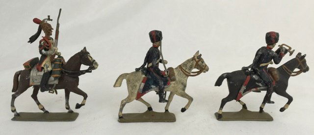 Lucotte French Dragoon: Pre War. Includes two Mignot mounted artillery figures. 3 pieces. Condition figures very good.