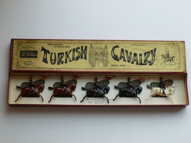 Britains Set #71 Turkish Cavalry: Pre-War. 5 pieces with original Whisstock box and inner retaining card. Condition excellent. Box good. (one corner split on lid and slight stain on label.)