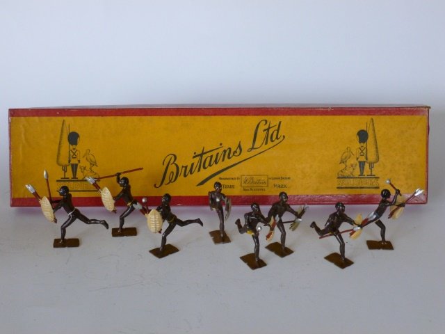 Britains Set #147 Zulus: Post War. 8 pieces with original comic label box. (one base of figure slightly mismatched). Condition very good. Box very good.