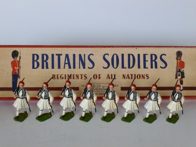 Britains Set #196 Greek Evzones: Post War. 8 pieces untied in original R.O.A.N. box. Condition excellent. Box very good.