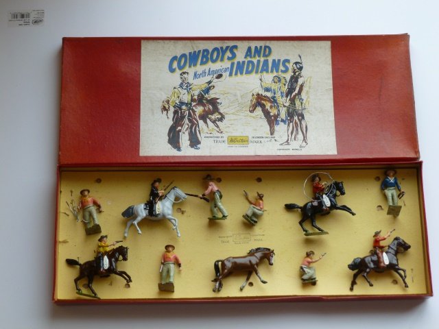 Britains Set #209 Cowboy display: Post War. 11 pieces untied in original illustrated box. Condition excellent. Box good (3 corners of lid split)
