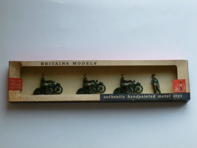 Britains Set #9153 Royal Corps of Signals: Dispatch Riders and Foot Officer. Post War. 4 pieces tied in original cellophane front box (no cellophane)