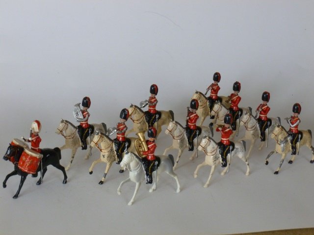 Britains from Set #1720 Royal Scots Greys Band: Pre-War and Post War. 11 pieces. (4 with recast arms and 2 with head repairs) Unboxed. Condition good to excellent.
