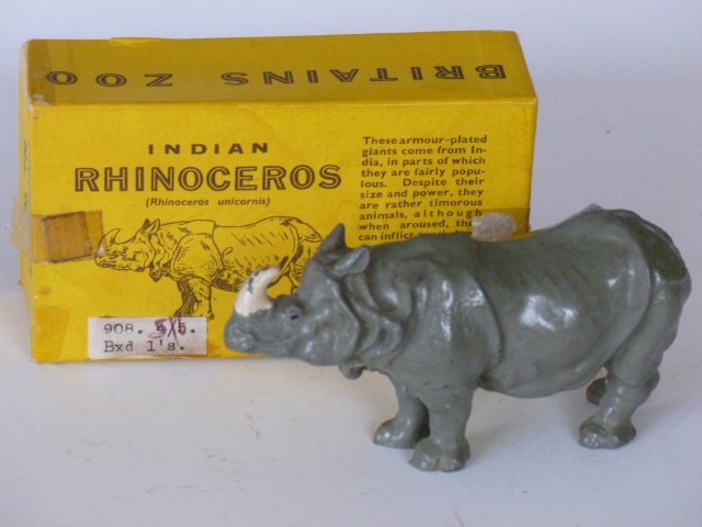 Britains Set #908 Indian Rhinoceros: Post War. One piece with original box. Condition very good. Box very good.